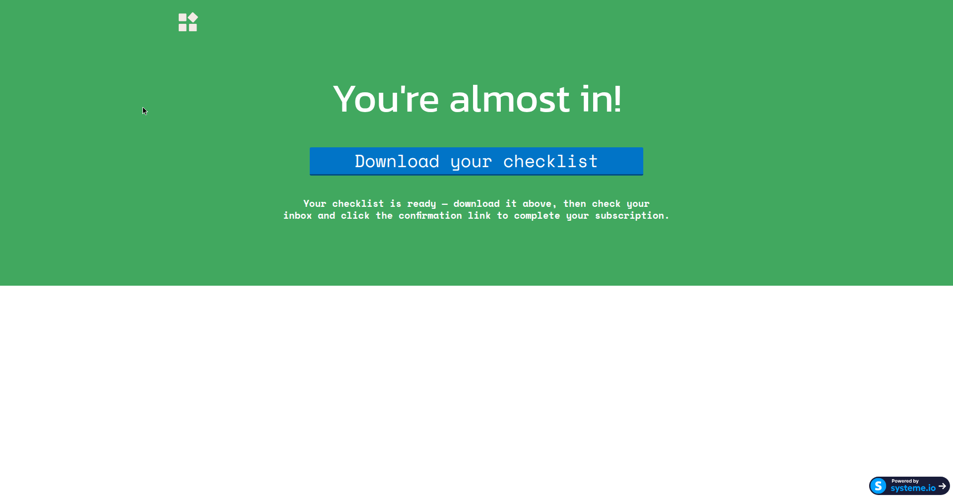 Thank-you page: "You're almost in!" heading, blue download button, and the inbox-confirmation note