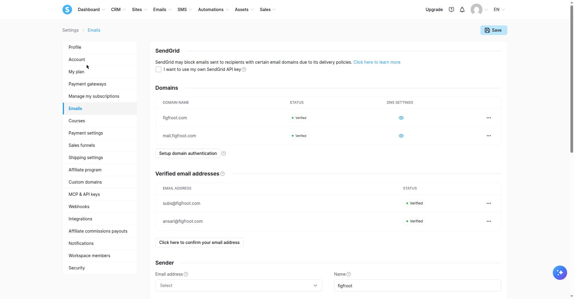 Sending domains verified in systeme.io — figfroot.com and mail.figfroot.com both show Verified, along with two verified sender addresses