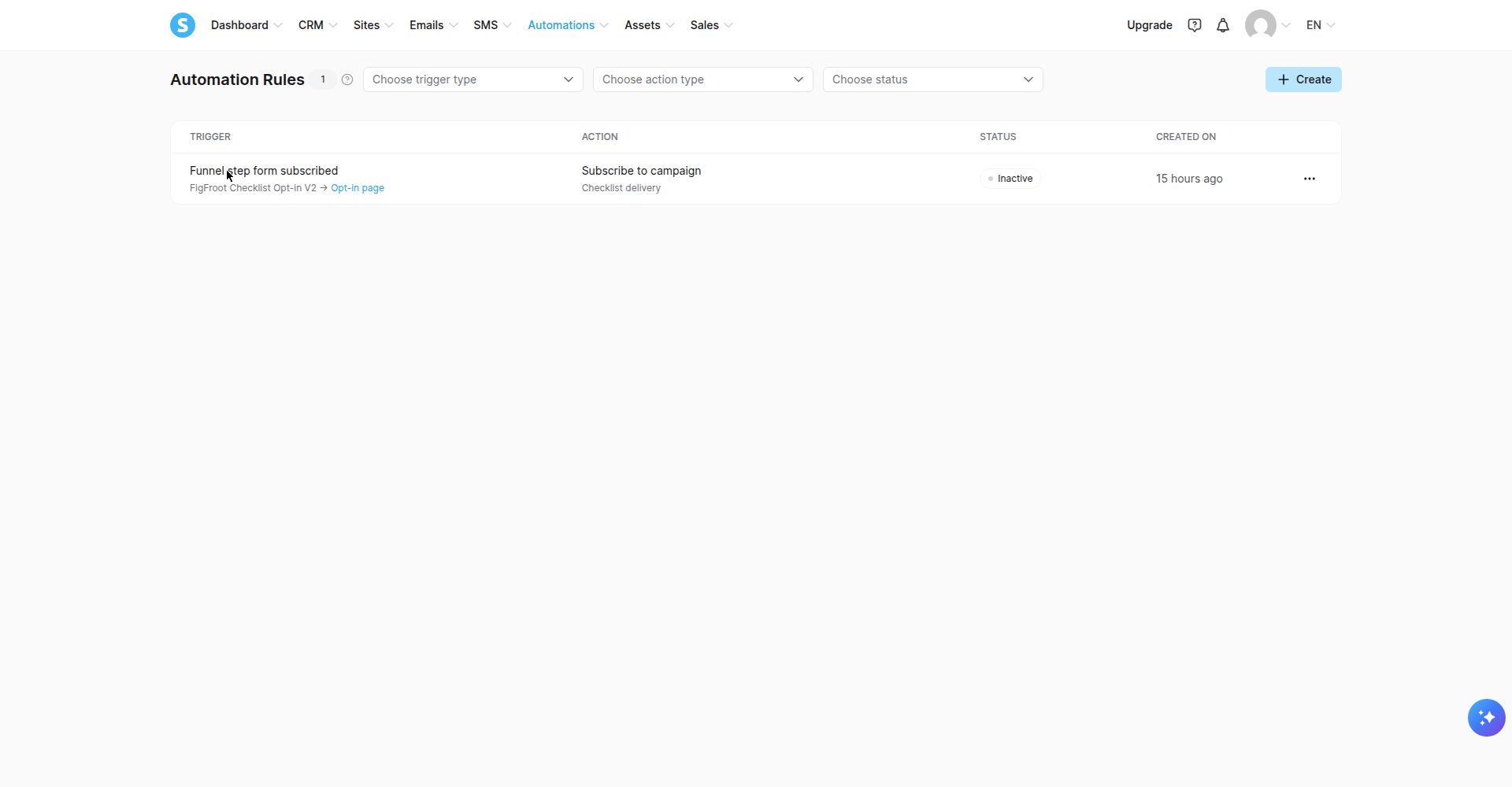 The retired automation rule: Inactive, showing the subscribe-to-campaign action that never fired