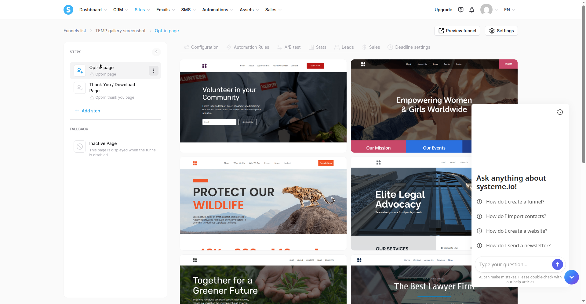 Figure 08 — the systeme.io template gallery with the Elite Legal Advocacy template visible