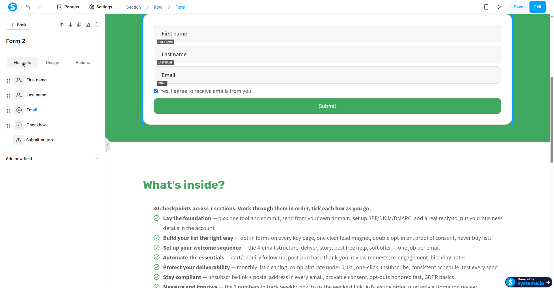 Figure 09 — the systeme.io page editor mid-edit: the form's Elements tab listing First name, Last name, Email, Checkbox, and Submit button