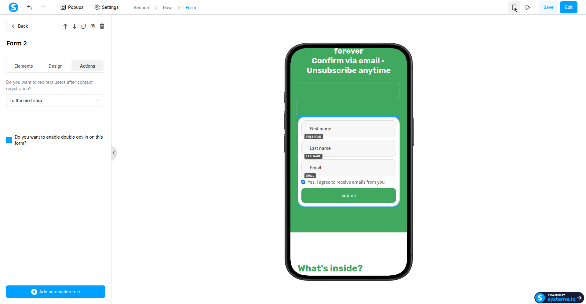 Figure 10 — the mobile preview check: the squeeze page in a phone-frame preview with the Mobile view toggle active