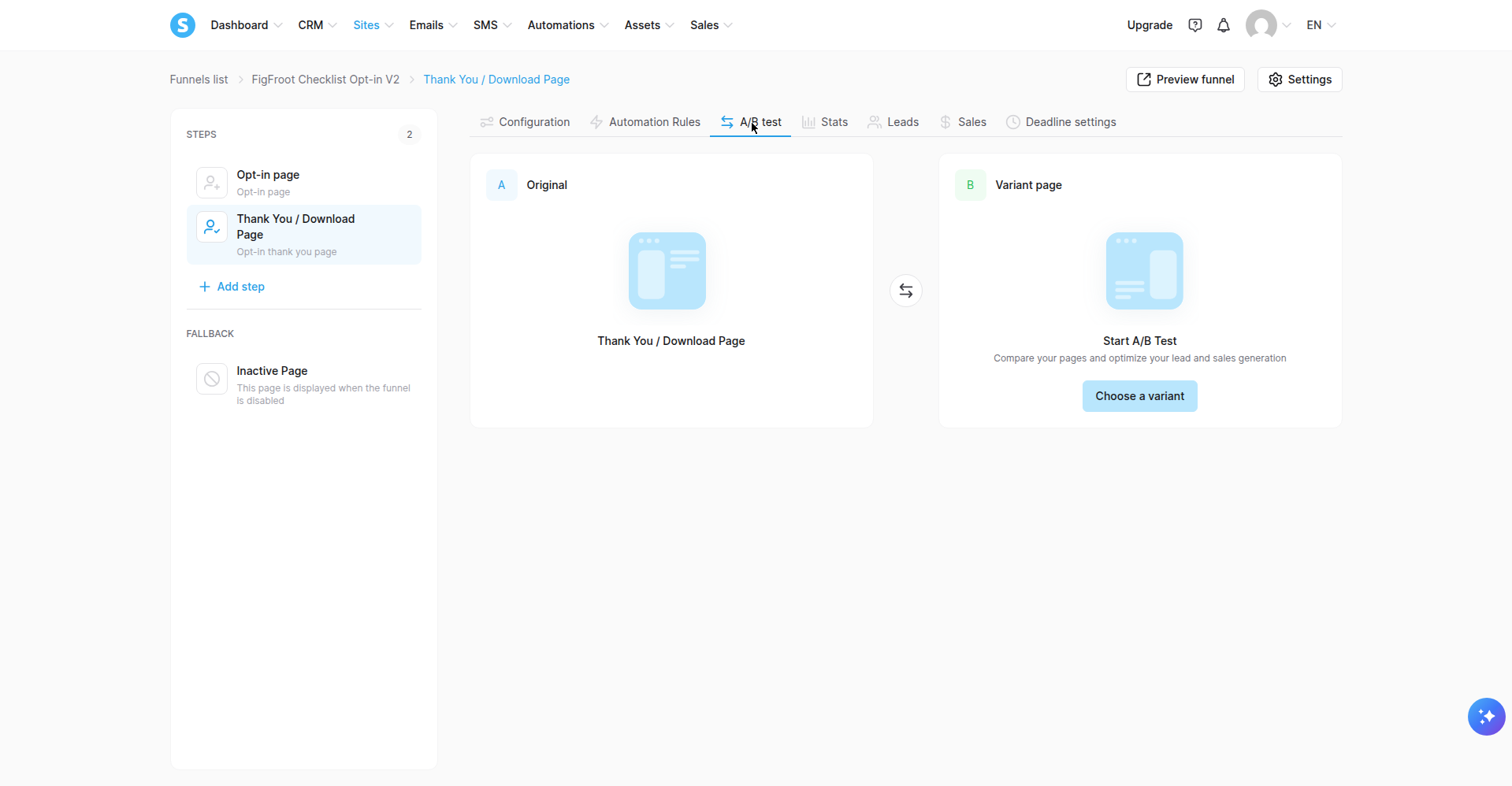 Figure 11 — the funnel-level A/B test tab with the Original page and the variant setup