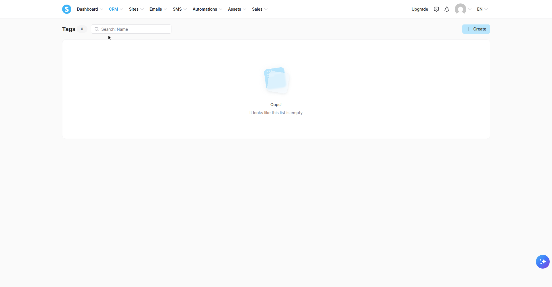Figure 1 — CRM > Tags on a fresh account: empty state, Tags 0