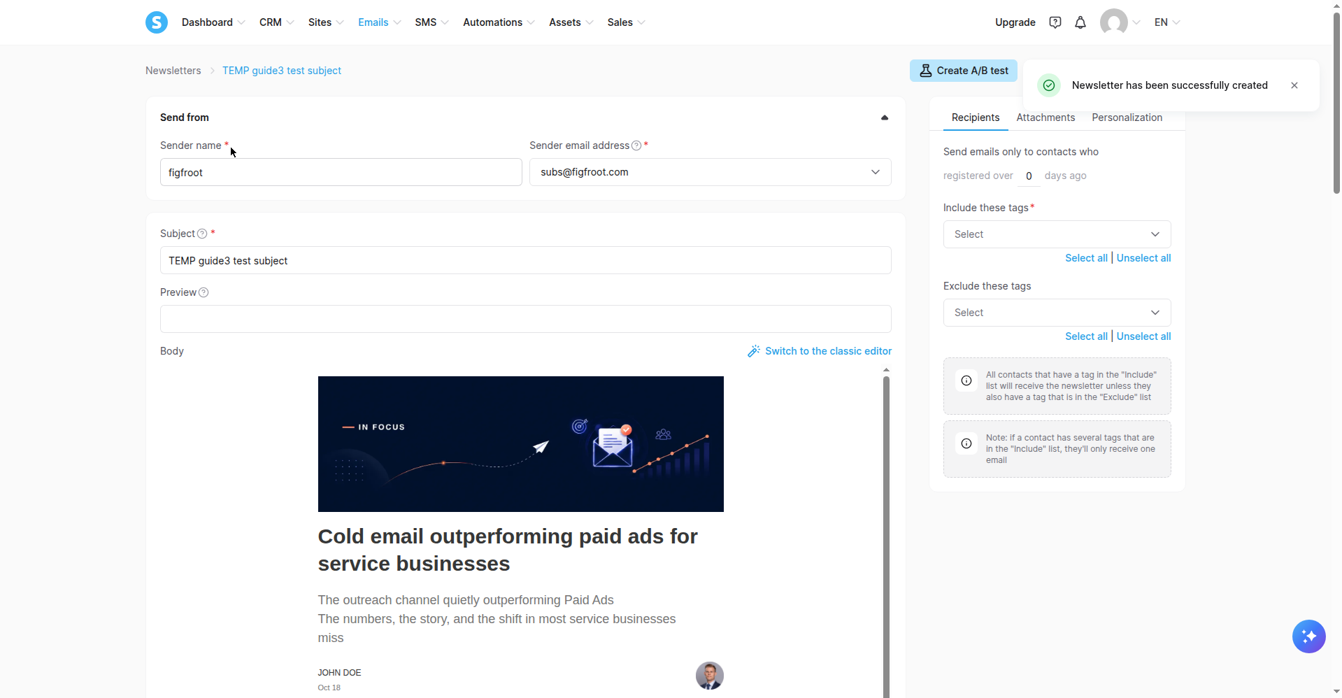 Figure 6 — the newsletter Recipients panel: Include/Exclude tag selectors with dedup notes