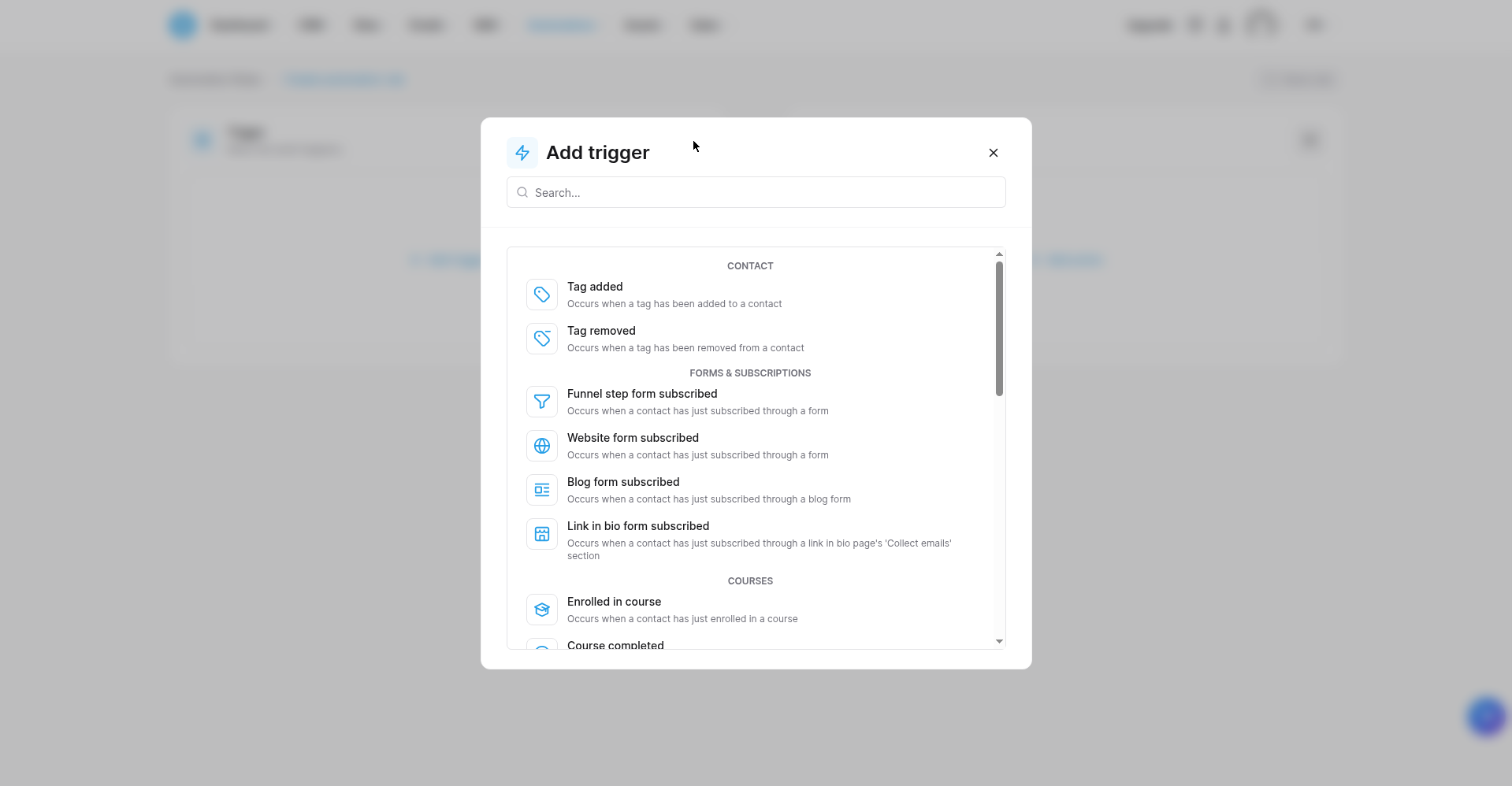 Figure 7 — the Add trigger dialog: "Tag added" and "Tag removed" under CONTACT
